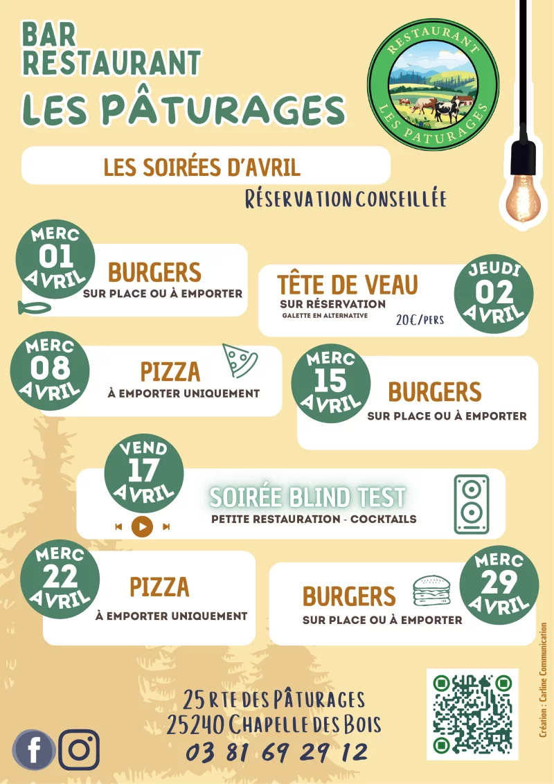 Soirées Spéciales avril - Restaurant Les Pâturages